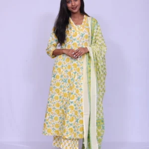 Classic Printed Cotton Palazzo Set with All-Over Neck Embroidery