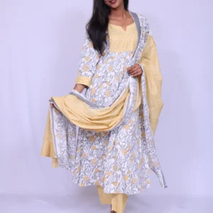 Jaipuri Print Cotton Anarkali Suit with Embroidered Neck