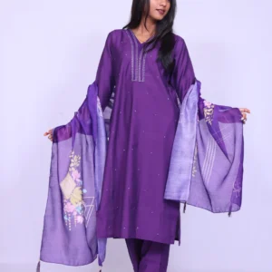 Festive Cotton Silk Slub Kurta Set with Neck Embroidery & Digital Dupatta