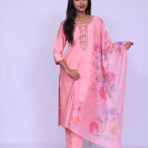 Designer Cotton Silk Slub Suit with Embellished Sleeves and Digital Dupatta