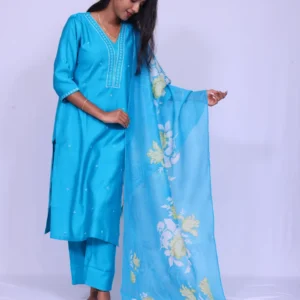 Festive Cotton Silk Slub Kurta Set with Neck Embroidery & Digital Dupatta